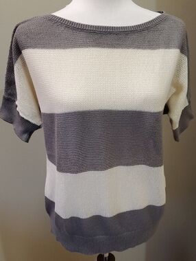 Ann Taylor Loft, Off-the-Shoulder Striped Knit Sweater - Gray & Cream